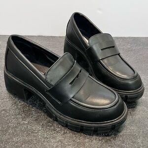 Steve Madden Black Chunky Lug Sole Platform Penny Loafer Shoe, 8.5, Slip-On